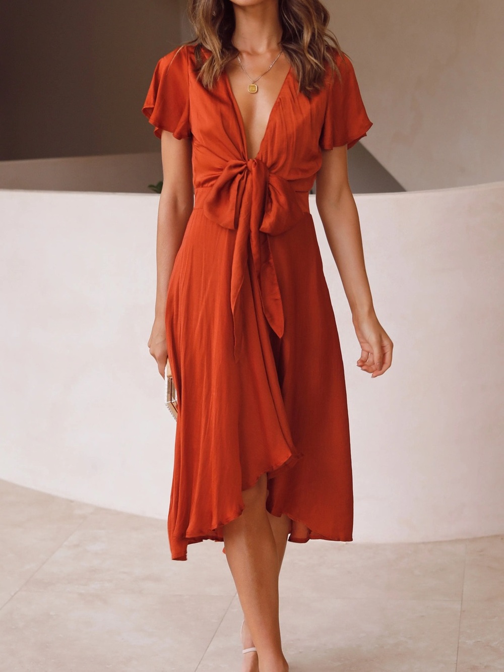 Rust Tie-Front High-Low Midi Dress - Women